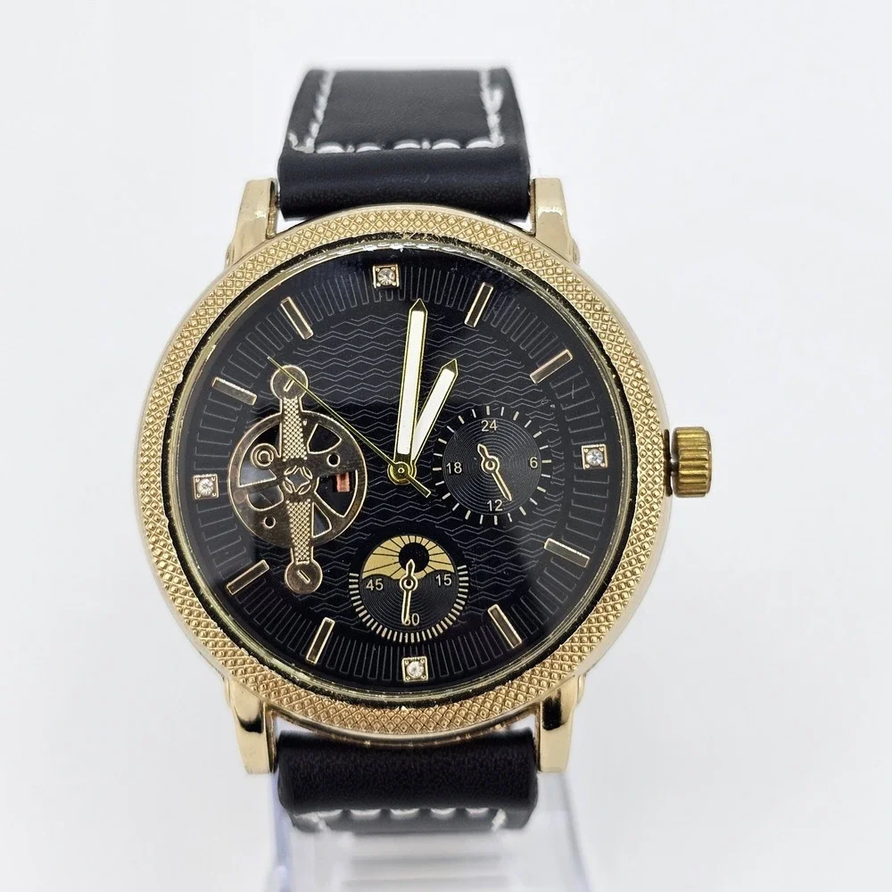 Men's Watch 44MM Black Dial New‎ Black Faux Leather Bands New Battery